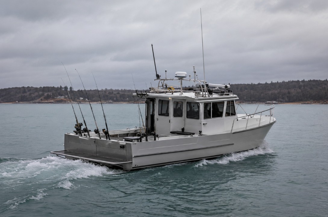 Heated cabin charter boat trolling the Bay of Quinte in fall