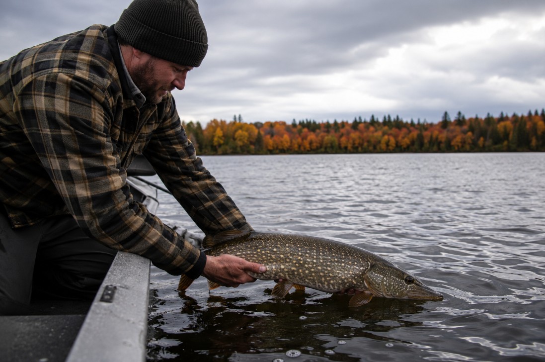 Releasing a big northern pike on the Bay of Quinte