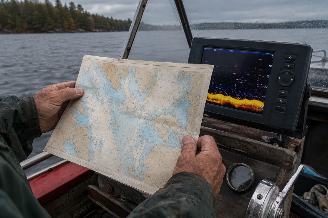 Angler studying a depth chart of the Bay of Quinte