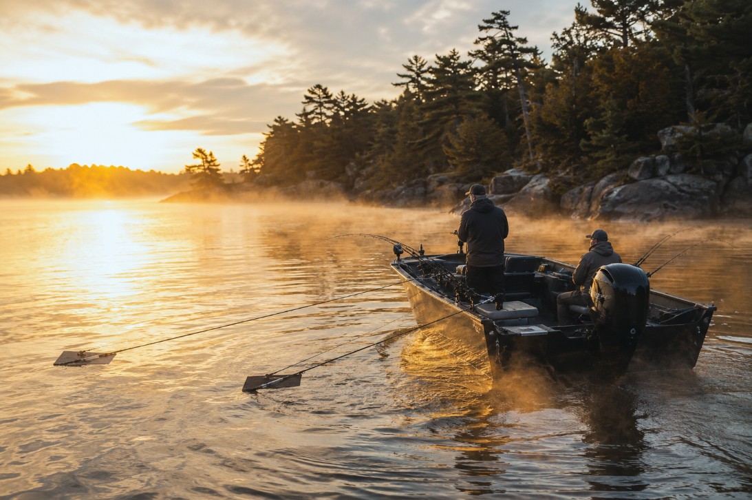 Boat trolling for walleye at sunrise on the Bay of Quinte