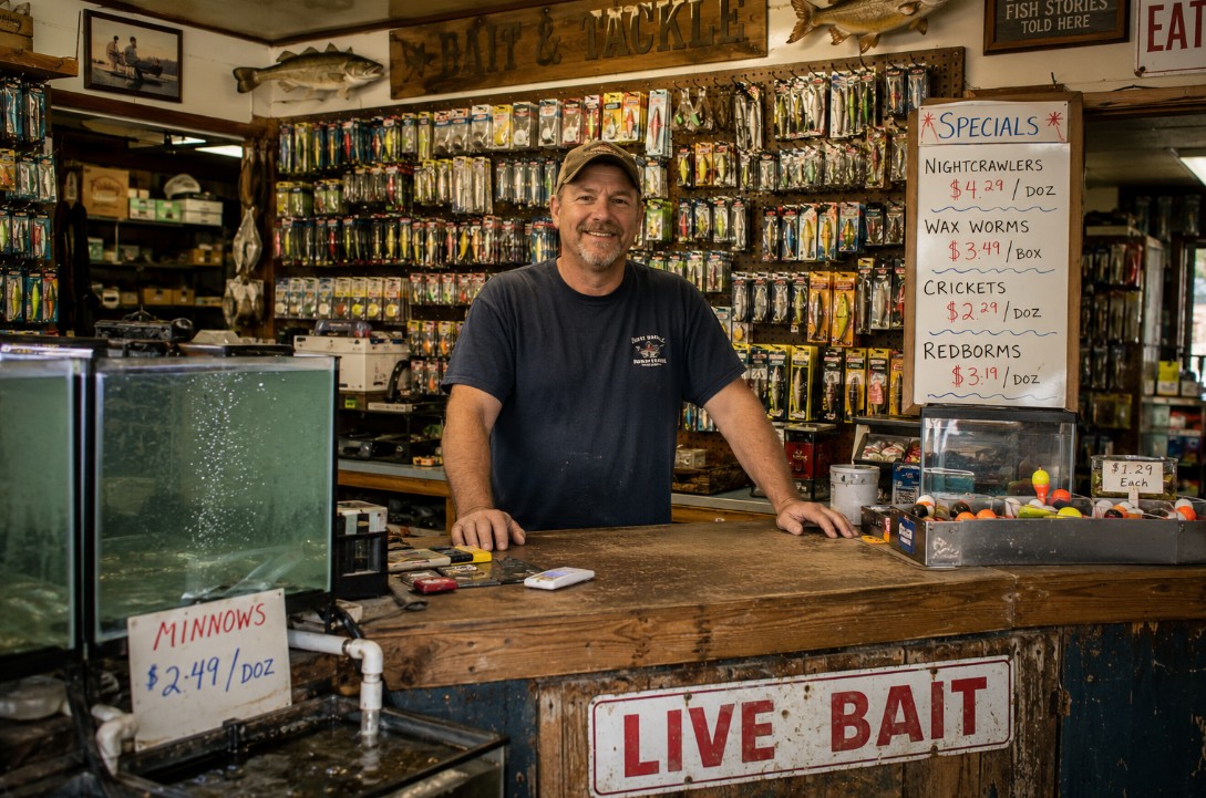 Local bait and tackle shop counter near the Bay of Quinte